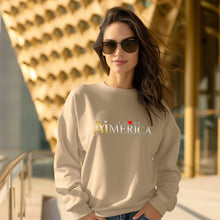 Load image into Gallery viewer, a woman wearing a sweatshirt with the word america on it