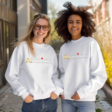 Load image into Gallery viewer, two women wearing white sweatshirts with gold lettering