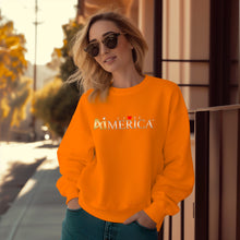 Load image into Gallery viewer, a woman wearing an orange sweatshirt with the word america on it